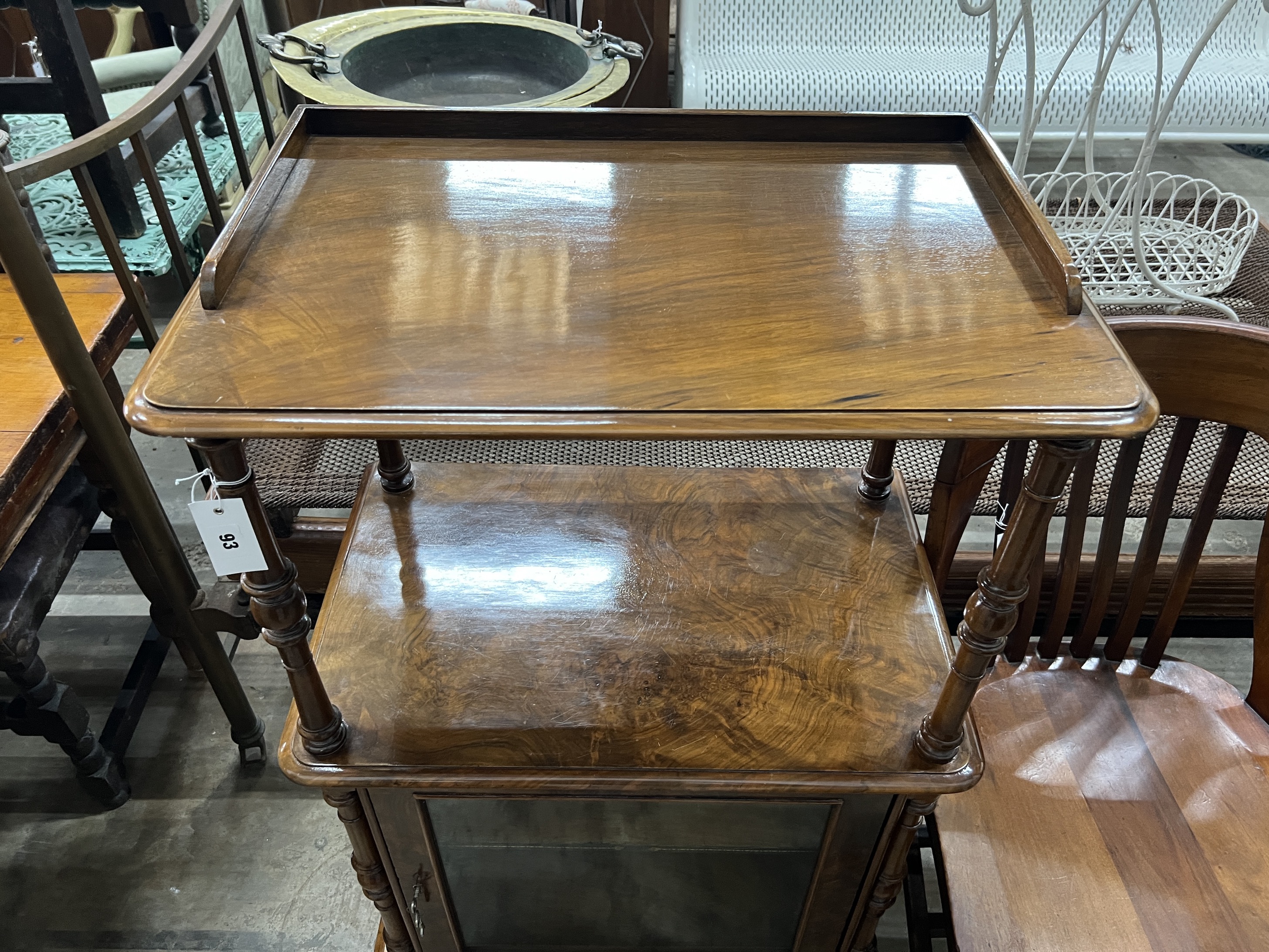 A Victorian figured walnut Canterbury / whatnot, width 63cm, depth 42cm, height 109cm